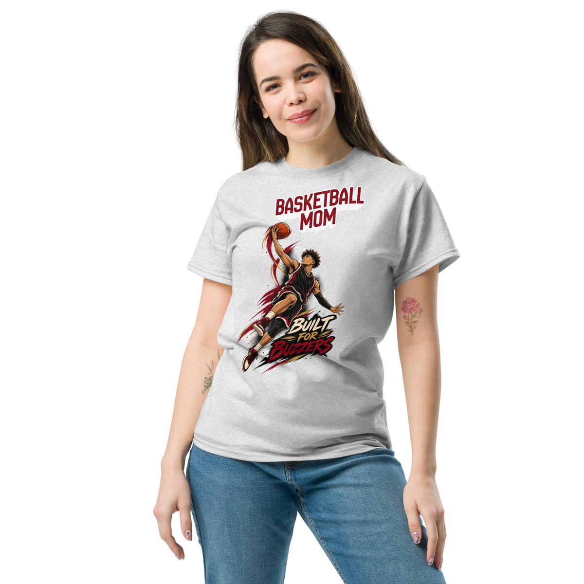 Basketball Mom tee Built For Buzzers graphic, ash front view - Ridge22