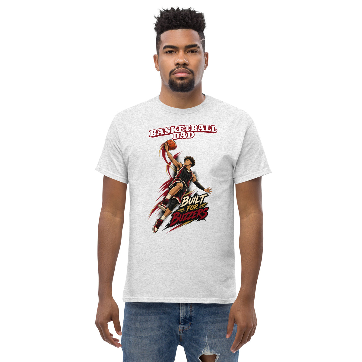 Basketball Dad tee Built For Buzzers graphic, ash front view - Ridge22