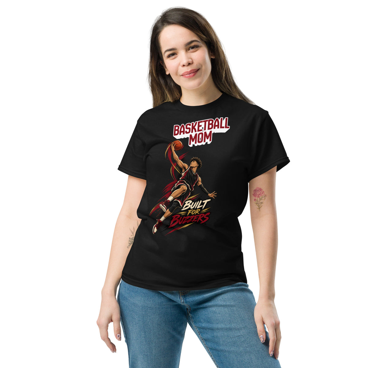 Basketball Mom tee Built For Buzzers graphic, black front view - Ridge22