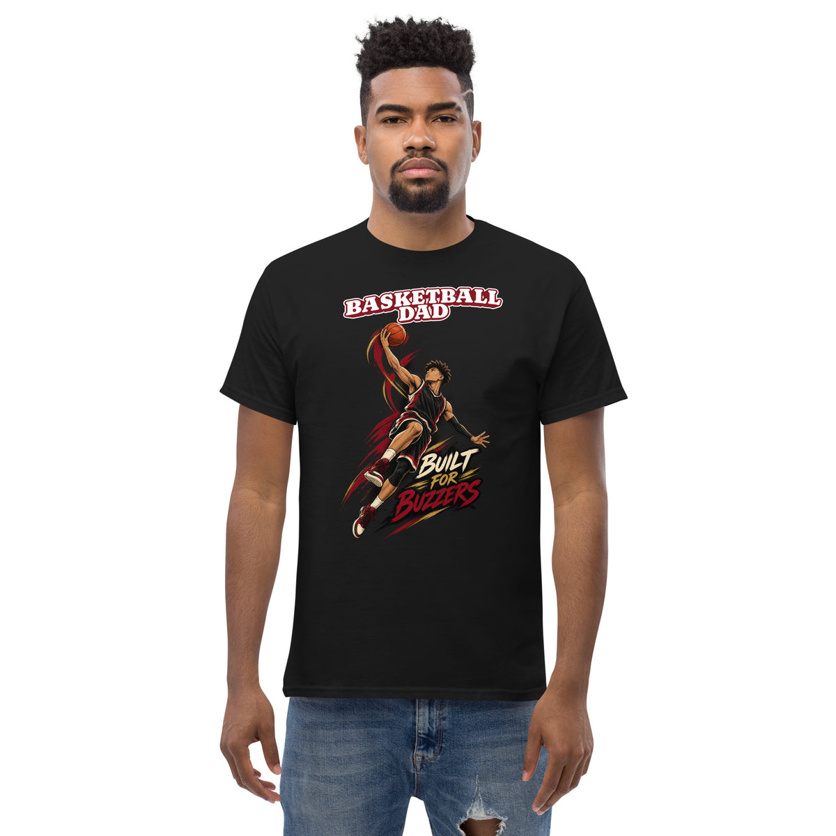 Basketball Dad tee Built For Buzzers graphic, black front view - Ridge22