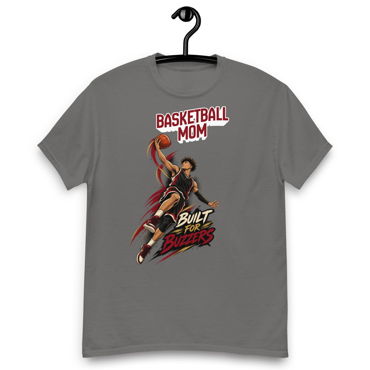 Basketball Mom tee Built For Buzzers graphic, charcoal front view - Ridge22