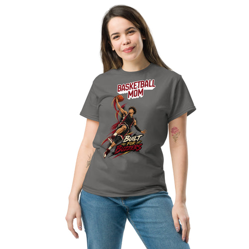 Basketball Mom tee Built For Buzzers graphic, charcoal front view - Ridge22