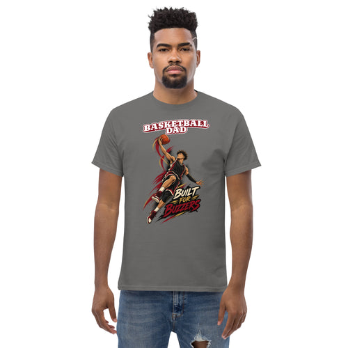 Basketball Dad tee Built For Buzzers graphic, charcoal front view - Ridge22