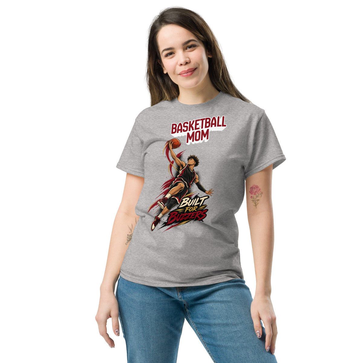 Basketball Mom tee Built For Buzzers graphic, sport grey front view - Ridge22