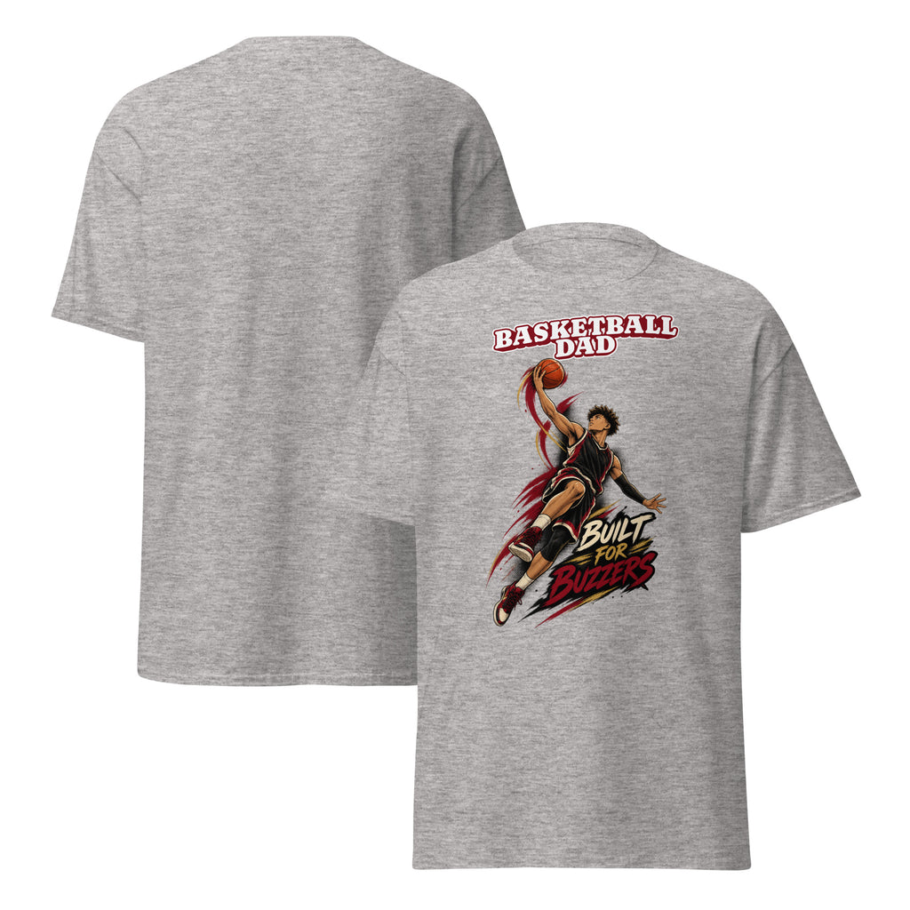 Basketball Dad tee Built For Buzzers graphic, sport grey front and back view - Ridge22