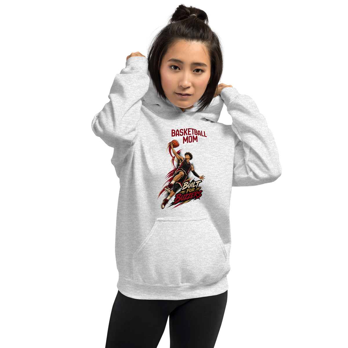 Basketball Mom hoodie Built For Buzzers graphic, ash front view - Ridge22