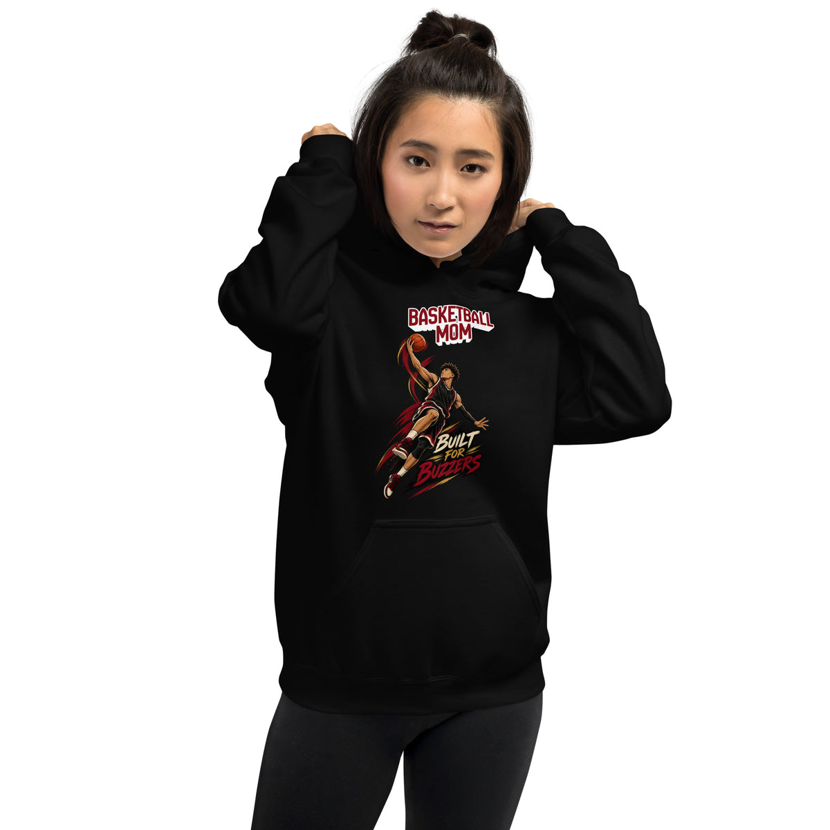 Basketball Mom hoodie Built For Buzzers graphic, black front view - Ridge22