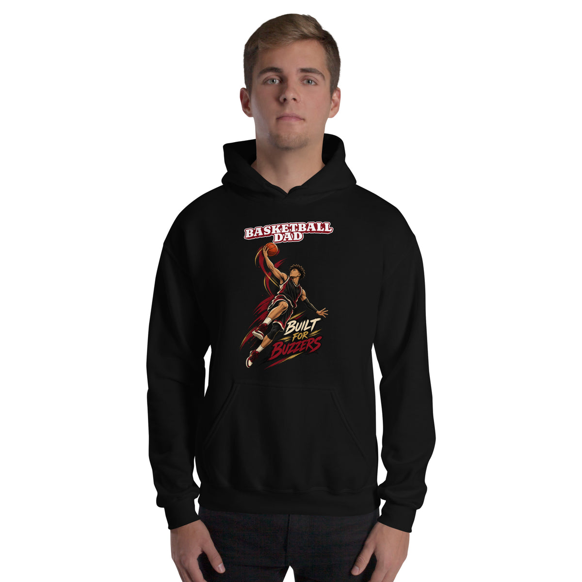 Basketball Dad hoodie Built For Buzzers graphic, black front view - Ridge22