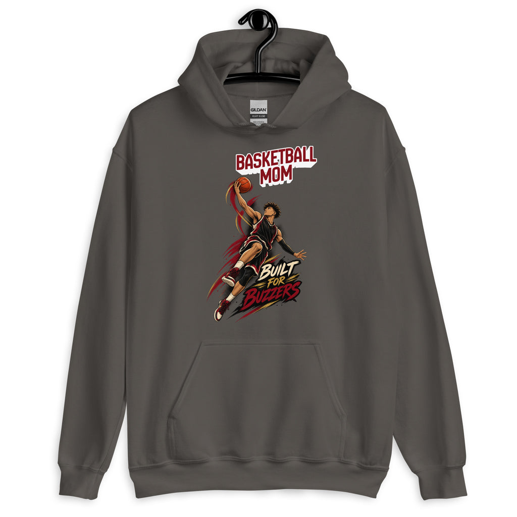 Basketball Mom hoodie Built For Buzzers graphic, charcoal front view - Ridge22