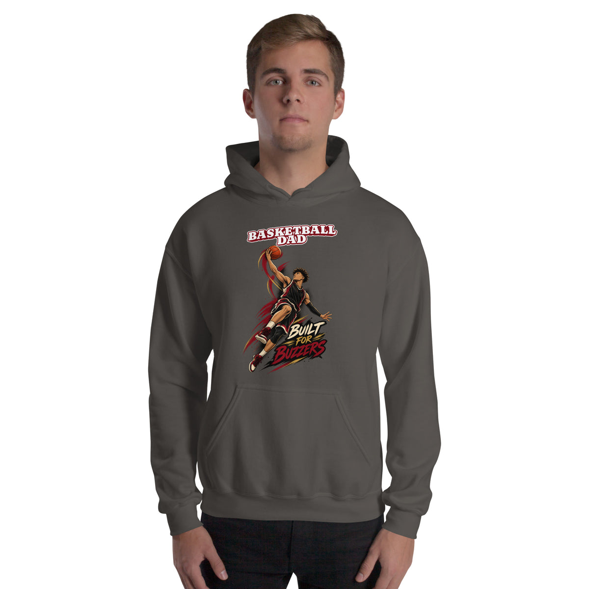 Basketball Dad hoodie Built For Buzzers graphic, charcoal front view - Ridge22