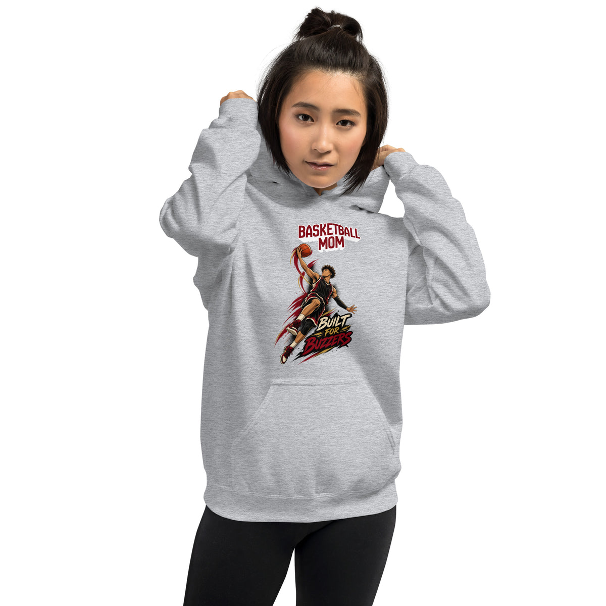 Basketball Mom hoodie Built For Buzzers graphic, sport grey front view - Ridge22