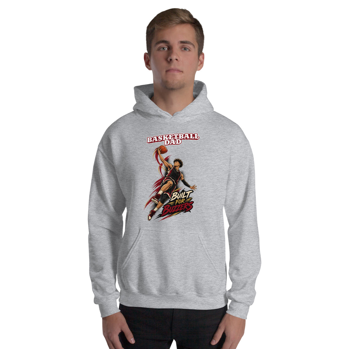 Basketball Dad hoodie Built For Buzzers graphic, sport grey front view - Ridge22